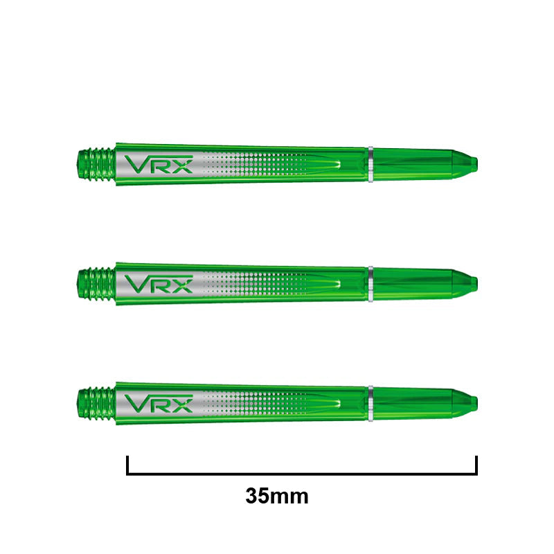 Three green polycarbonate dart shafts 35mm long, VRX design, isolated on white with measurement scale for size reference