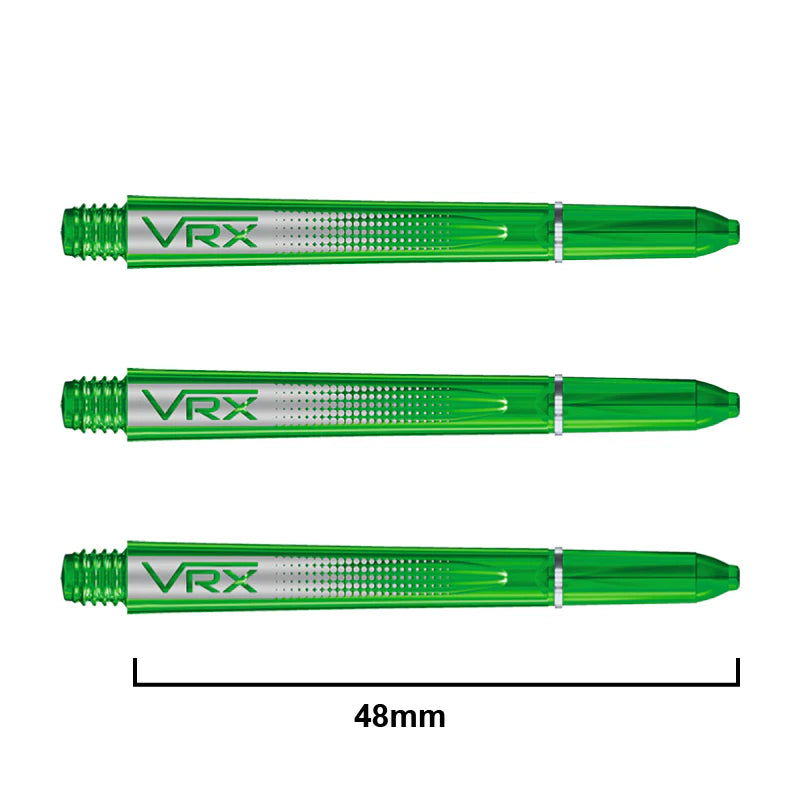 Three green VRX dart shafts 48mm length, side view on white background, showing transparent polymer design and precision thread