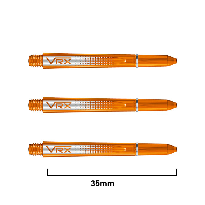 Three orange VRX dart shafts aligned flat with 35mm scale, showcasing transparent polycarbonate build and precision stem length