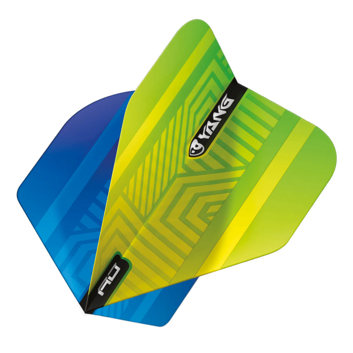 Close-up angled view of three No.2 dart flights with blue, green, and yellow geometric pattern, isolated on white background