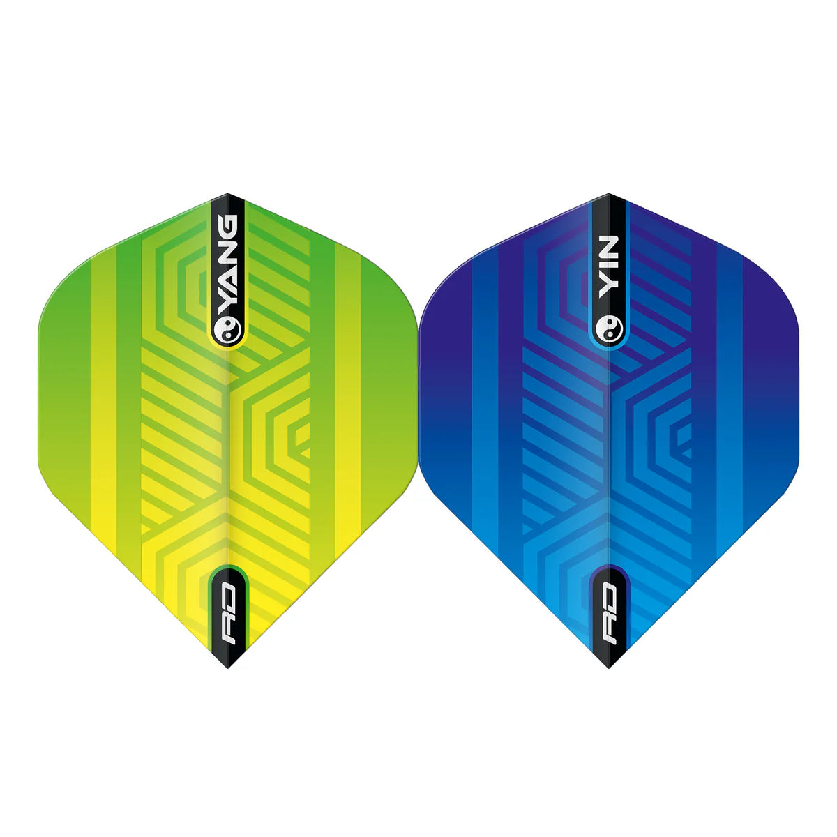 Blue and green No.2 dart flights with geometric design, side by side on white background, featuring Yin Yang text and symbol