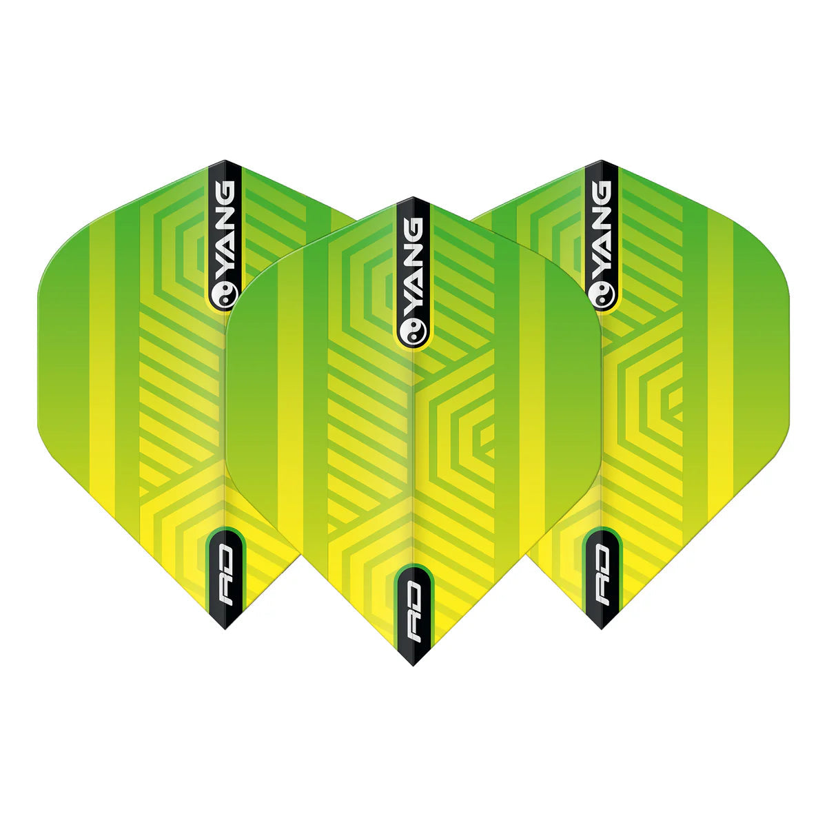 Set of three green and yellow Yin Yang No.2 dart flights arranged side by side on white background, highlighting geometric design.