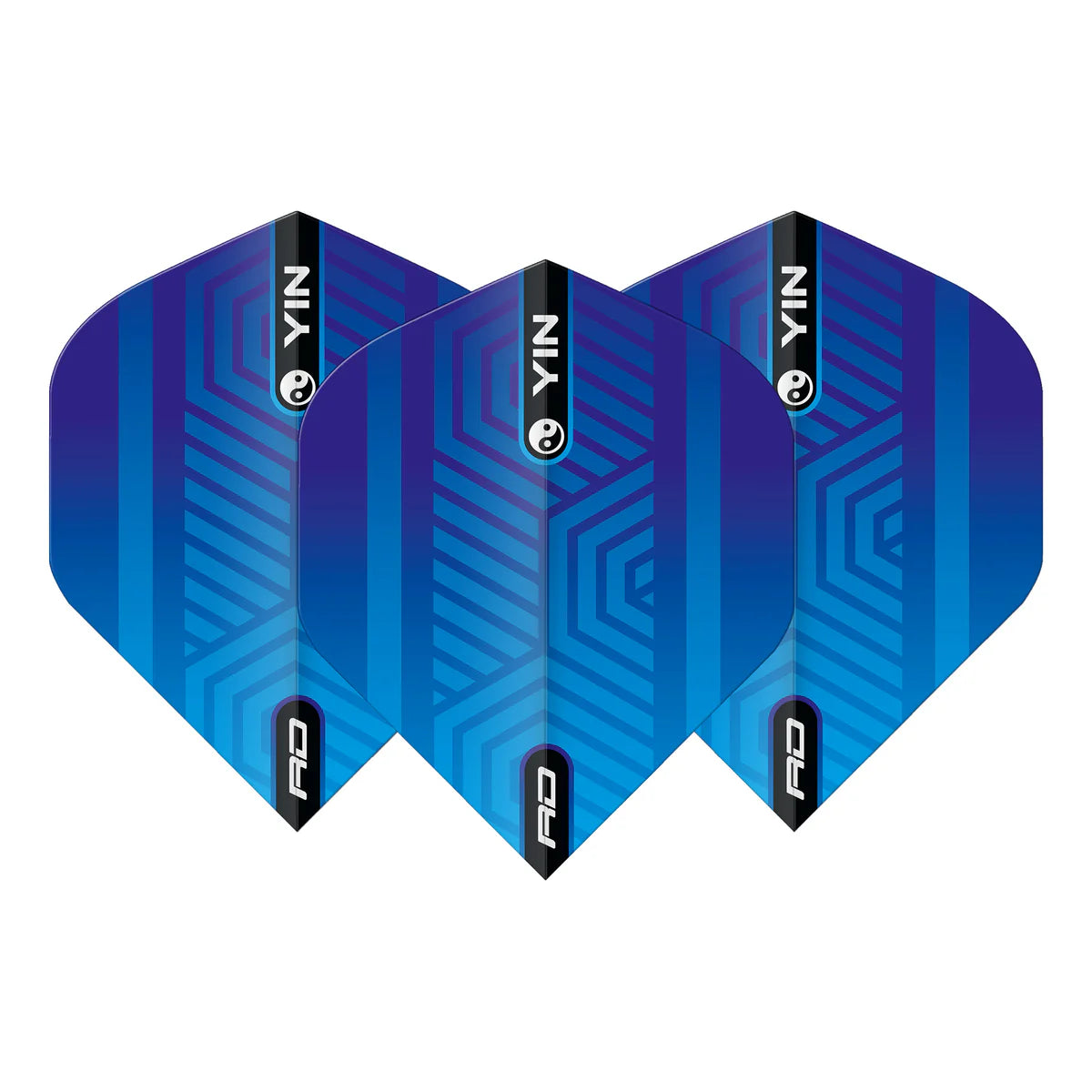 Three No.2 dart flights in blue and green geometric design, arranged front-facing on white background, highlighting Yin Yang graphics for darts