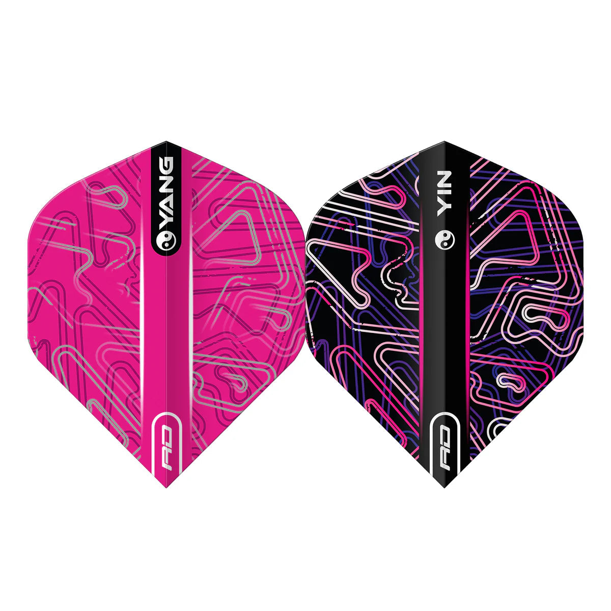Pink and black No.2 dart flights displayed side by side, featuring Yin Yang graphics and geometric line patterns