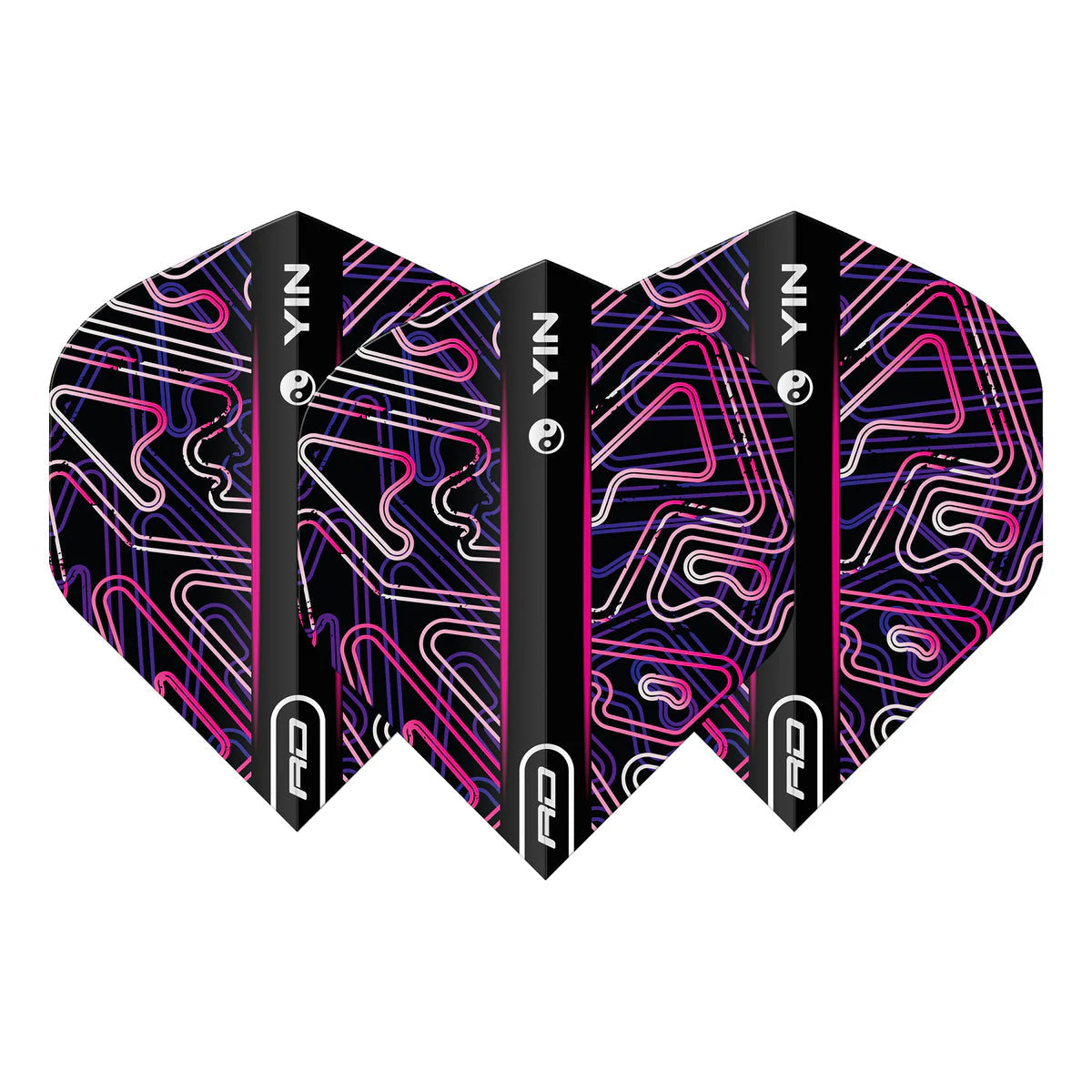 Three Yin Yang Pink & Black No.2 dart flights arranged side by side, featuring bold geometric patterns, isolated on white background