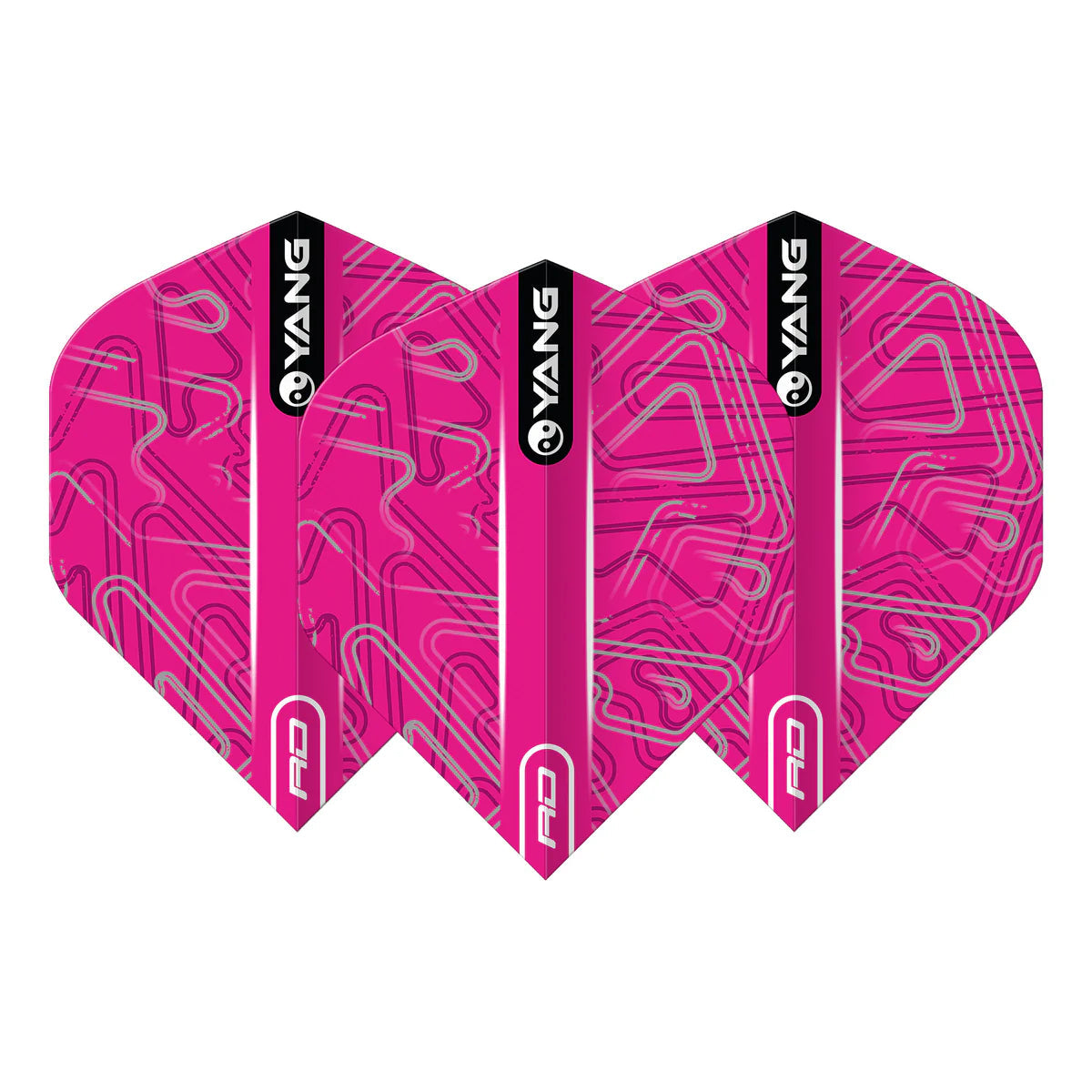 Three Yin Yang pink and black No.2 dart flights arranged side by side on white, highlighting modern pattern and standard shape for darts