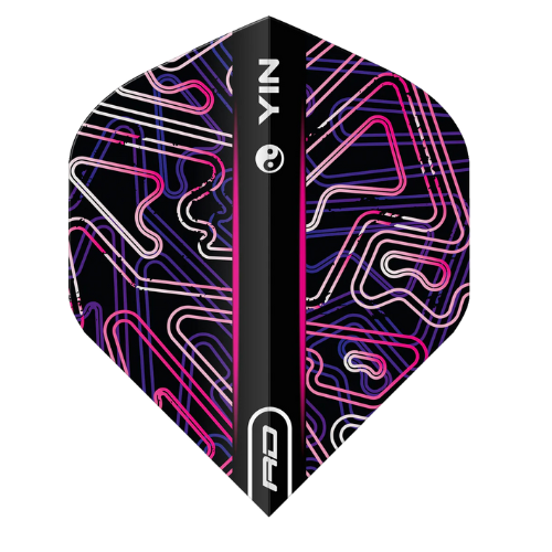 No.2 dart flight with vibrant pink and black Yin Yang pattern, full front view, isolated on white background