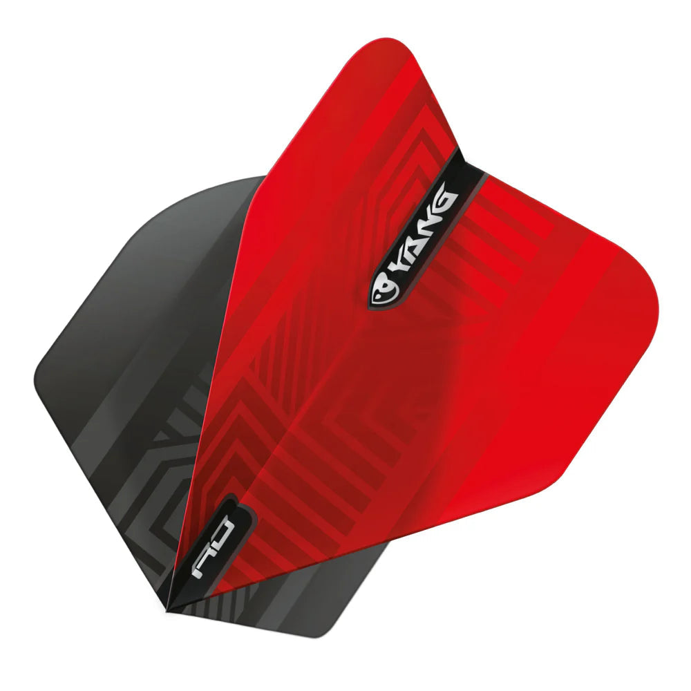 Angled close-up of two overlapping dart flights in red and black with Yin Yang No.2 pattern, geometric detailing, isolated on white background