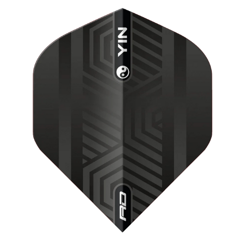 Black dart flight No.2 shape with geometric pattern and yin yang logo, displayed flat on white for darts setup