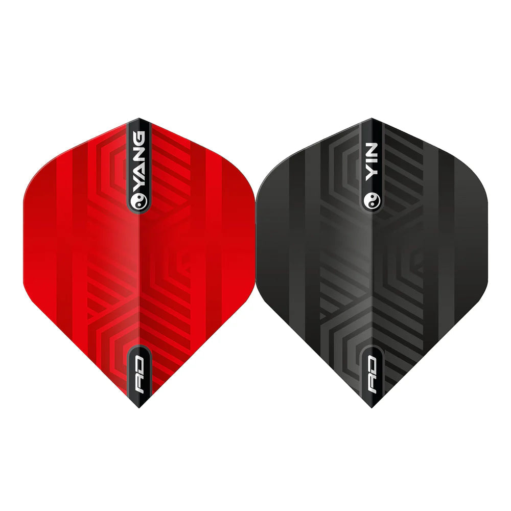 Top-down close-up of red and black No.2 dart flights with geometric design and yin yang logos, isolated on white background