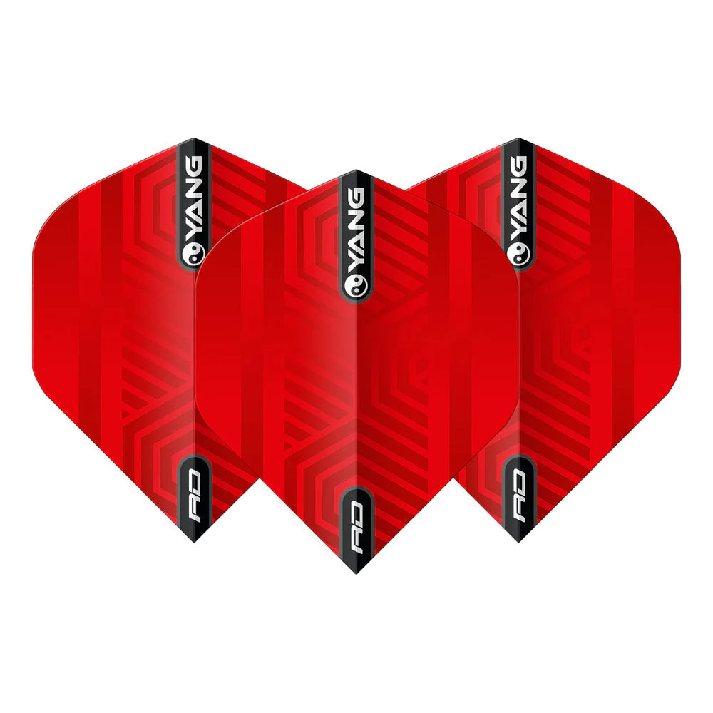 Set of three red No.2 dart flights with geometric pattern and yin yang logo, isolated on white background for dart accessories.