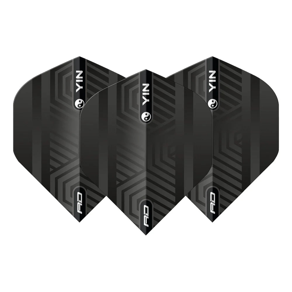 Three black No.2 dart flights with geometric pattern and Yin Yang logo, fan arrangement, isolated on white for dart accessories