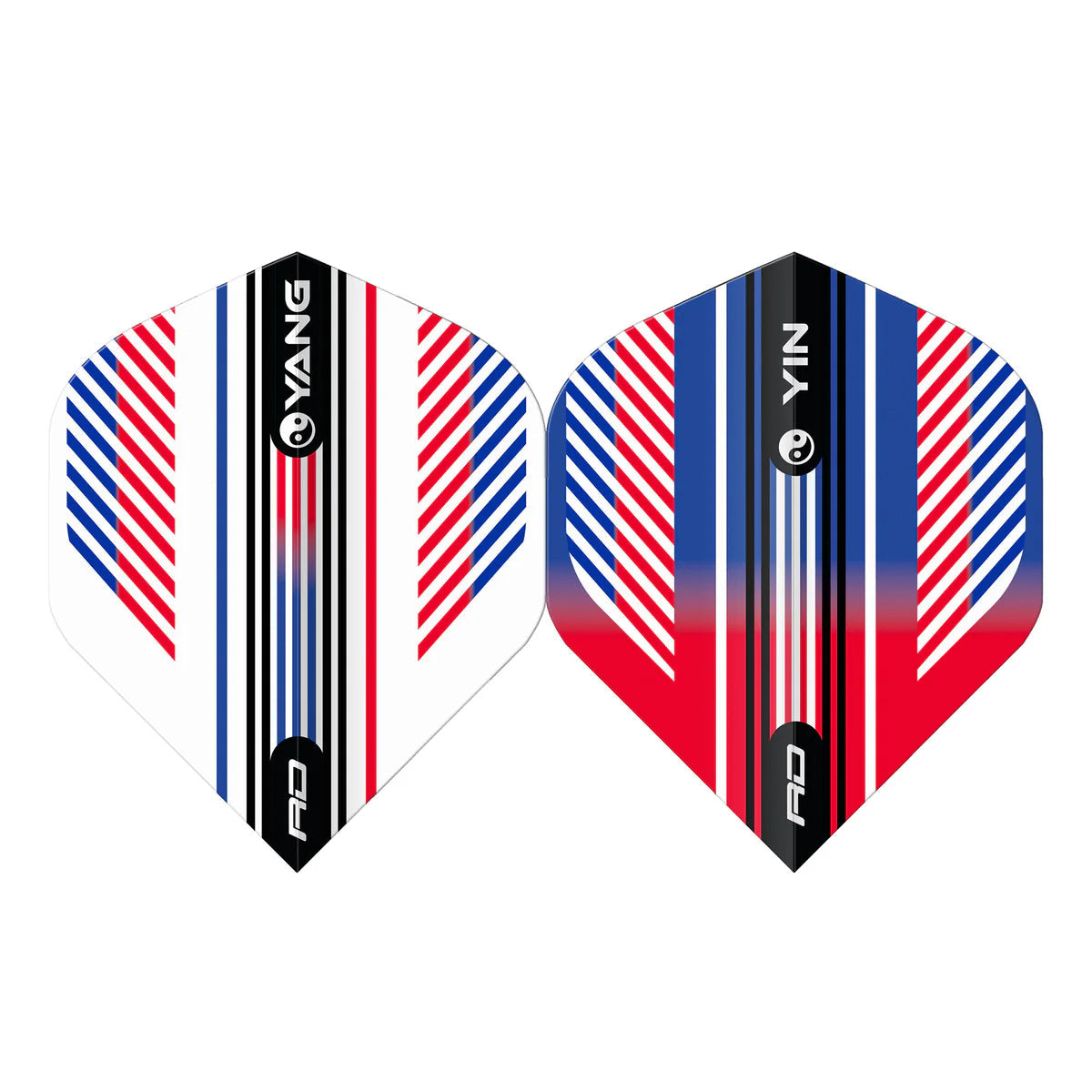 Top-down view of two red, white, and blue No.2 dart flights with striped Yin Yang designs, isolated on white background