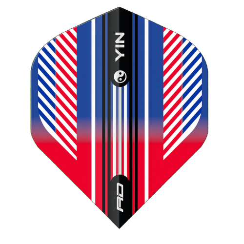 Single dart flight with red, white, and blue stripes and Yin Yang motif, full view isolated on white background for dart equipment