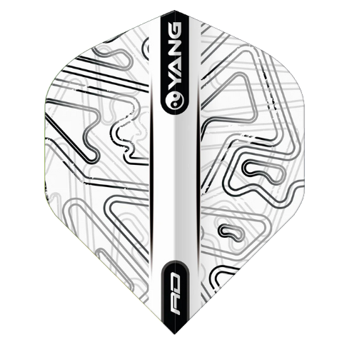 Full view of black and white Yin Yang No.2 dart flight with abstract line pattern, isolated on white, showing standard shape and modern design.