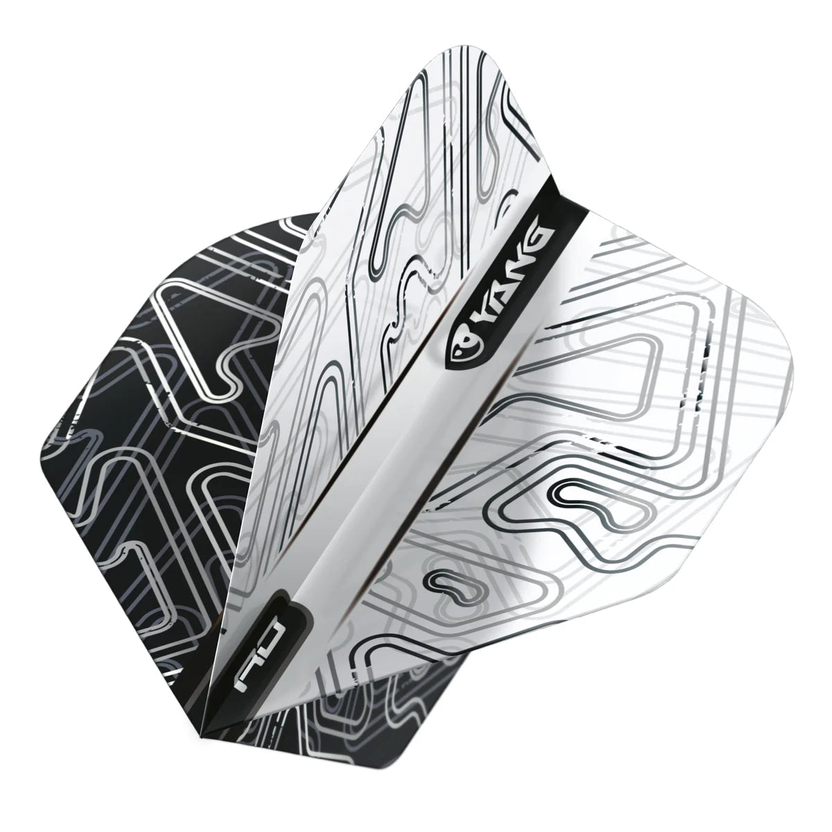 Close-up angled view of single Yin Yang dart flight, black and white No.2 shape, modern line pattern for dart setup