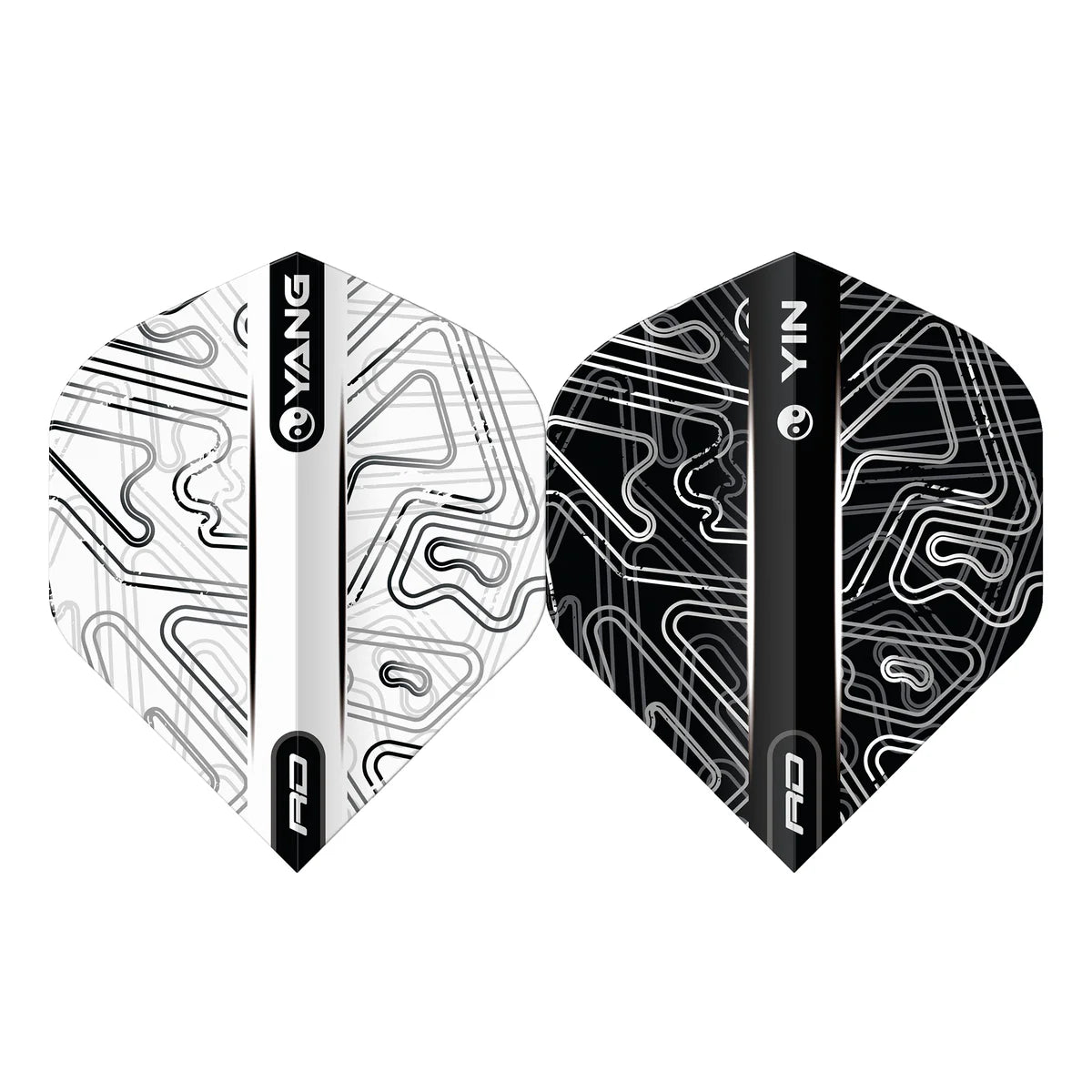 Black and white Yin Yang No.2 dart flights displayed side by side showing contour line graphics and bold center stripe design