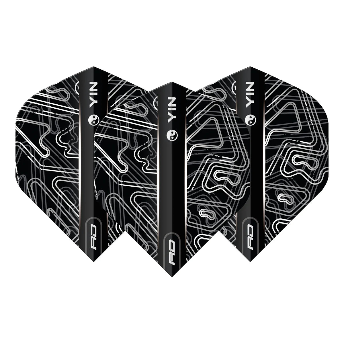 Three black and white yin yang dart flights arranged side by side, top-down view showing pattern details, isolated on white background