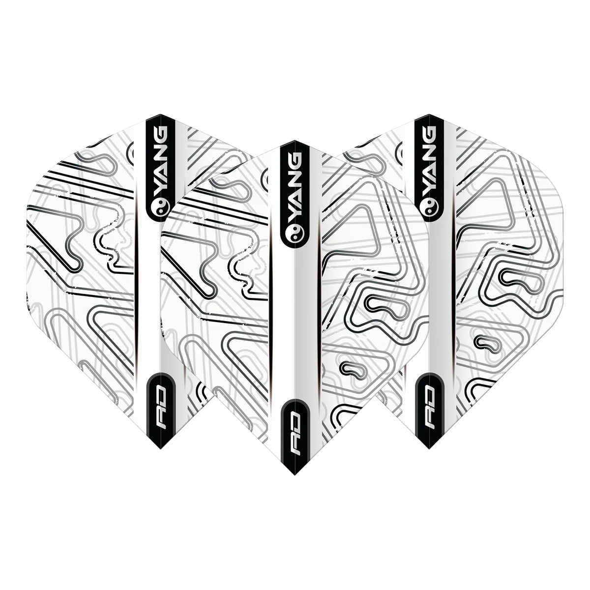 Set of three Yin Yang white and black No.2 dart flights arranged on white background, showcasing geometric lines and standard shape