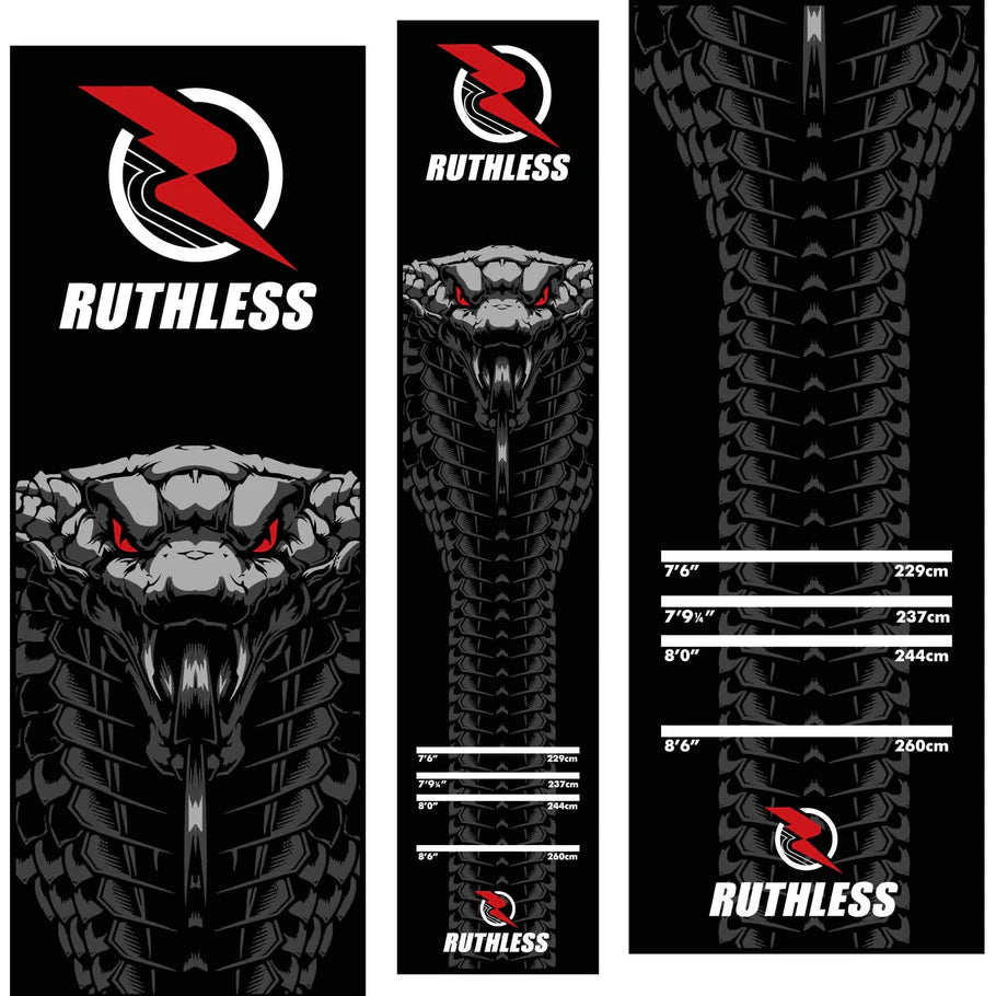 Top-down view of black and grey cobra dart mat with throw line distance markers and bold cobra graphic for dart setup
