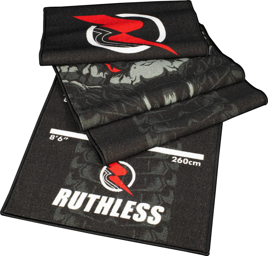 Folded black and grey cobra dart mat with throw line distance markers and grippy non-slip backing