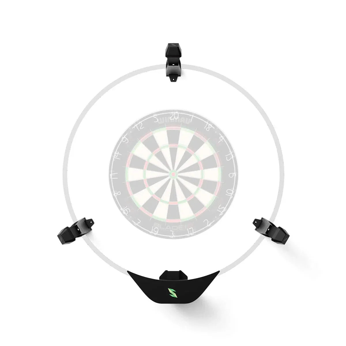 Top-down view of Scolia Home 2 automatic dartboard scoring system sensors arranged on white background around dartboard target area