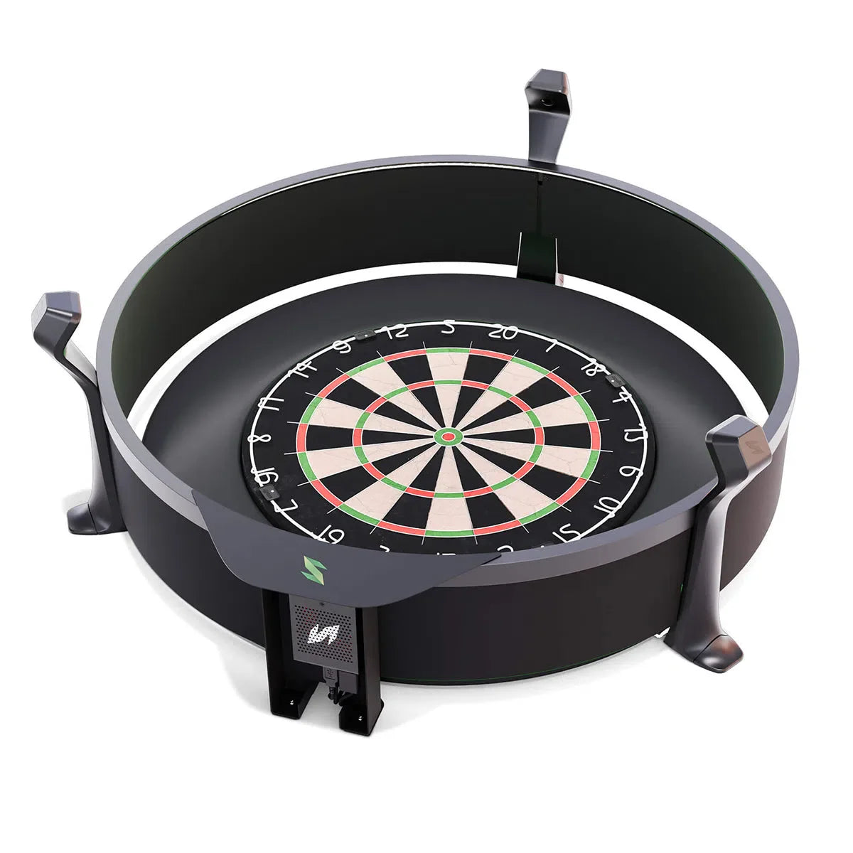 Angled view of automatic dartboard scoring system with light ring, full product on white background