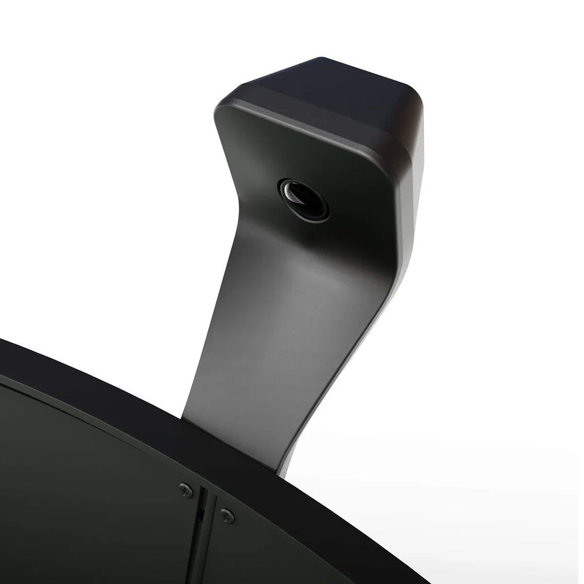 Close-up angled view of scoring system sensor arm with camera lens, mounted above dartboard, isolated on white background