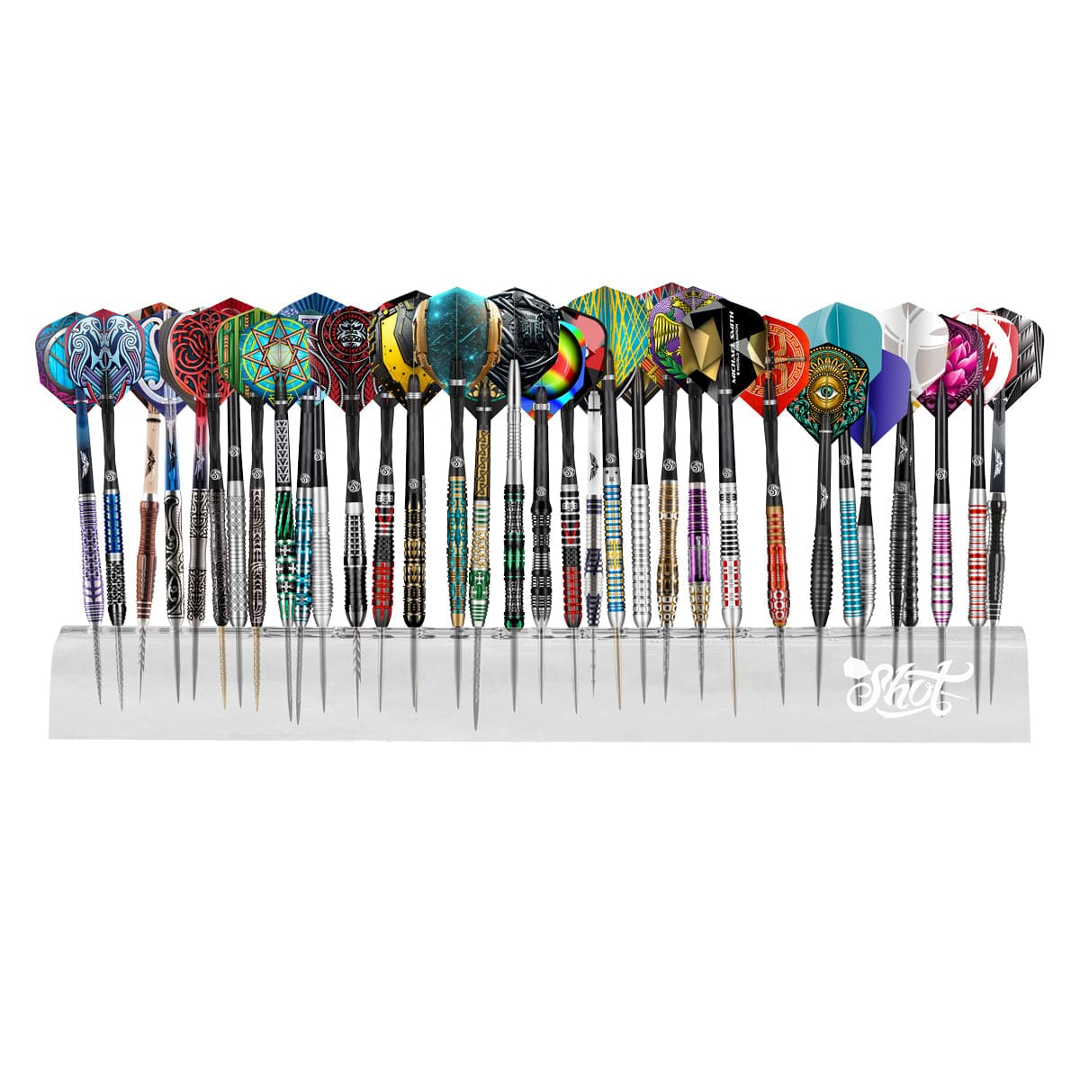 Acrylic dart stand holding 35 darts with colorful flights and grip designs, full product view isolated on white for dart storage display