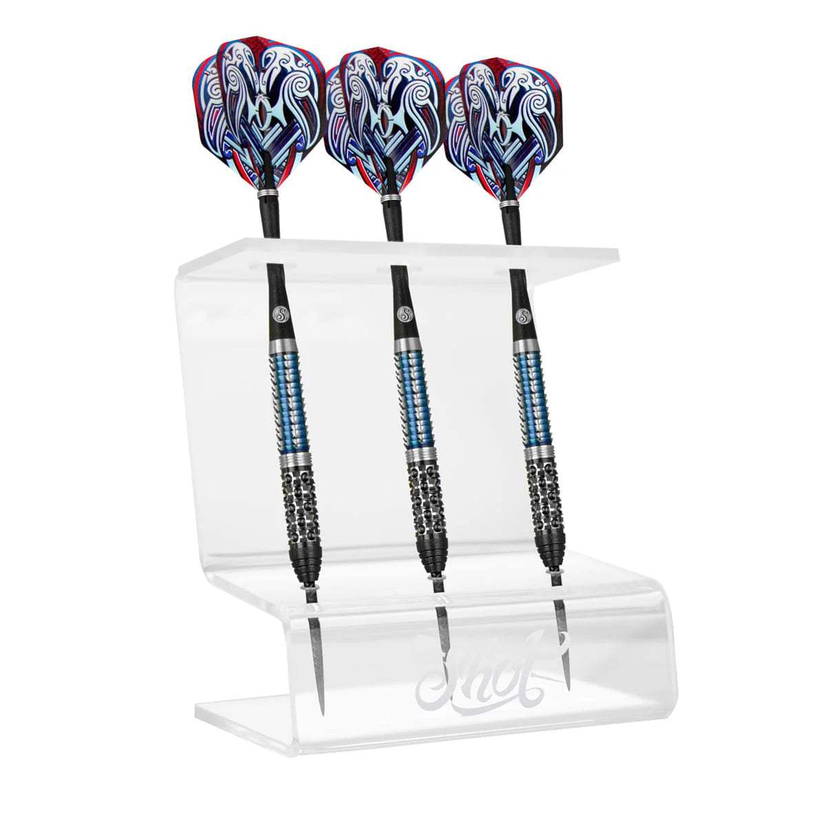 Three steel tip darts with patterned flights displayed upright in a transparent acrylic dart stand, isolated on white background