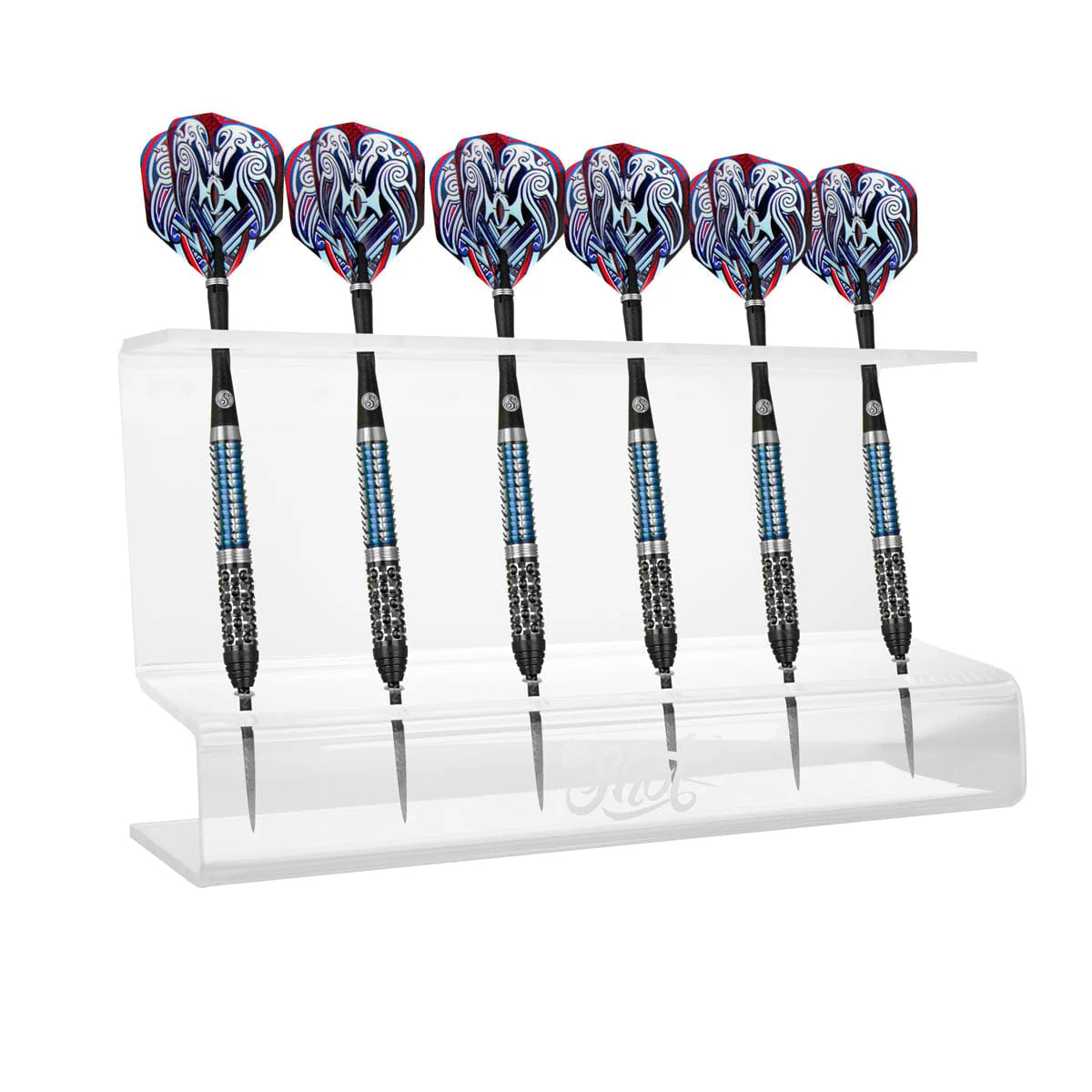acrylic six dart display stand holding two sets of assembled steel tip darts with blue grips and patterned flights on white background