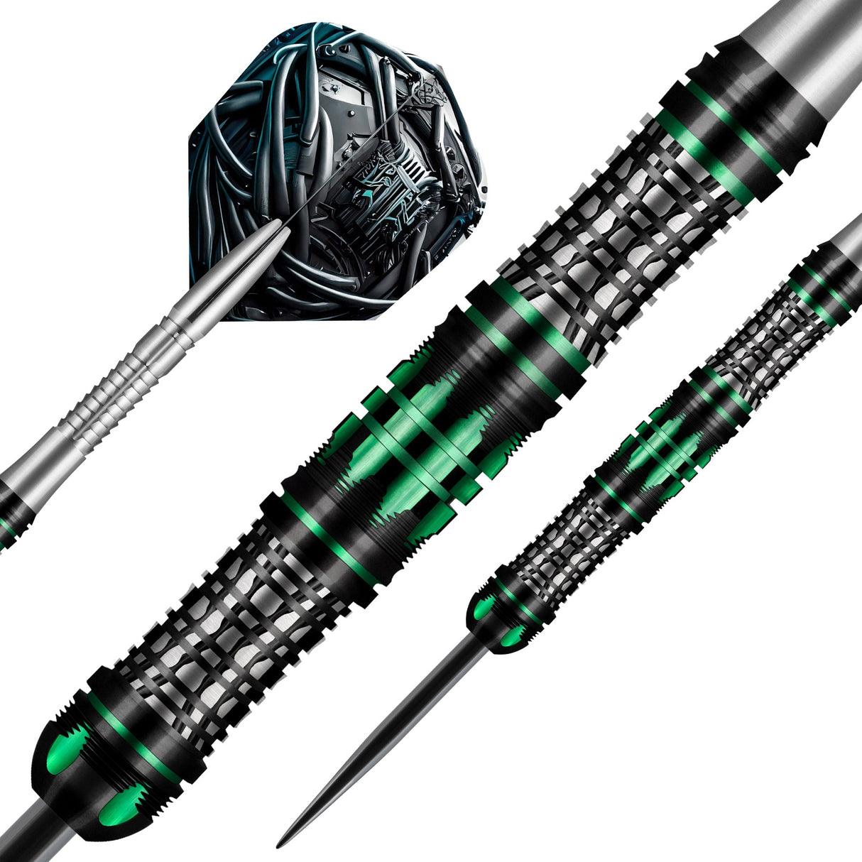 Close-up macro of 90% tungsten dart with green-black textured grip, cyberpunk flight, precision tip, isolated on white background