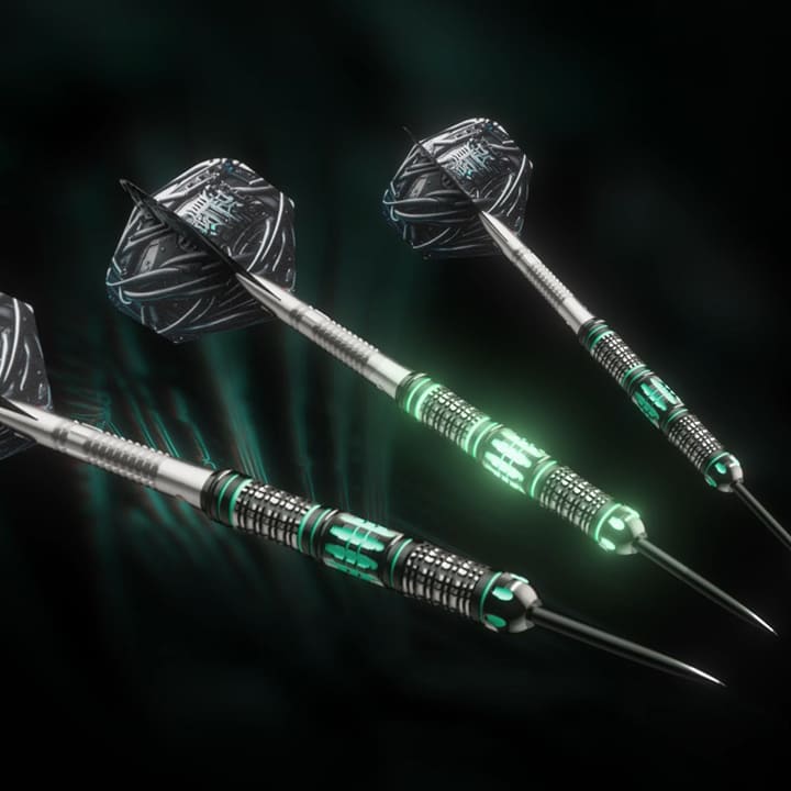 Three 90% tungsten darts angled on black background, featuring cyberpunk barrel grip, neon green highlights, and futuristic flights.