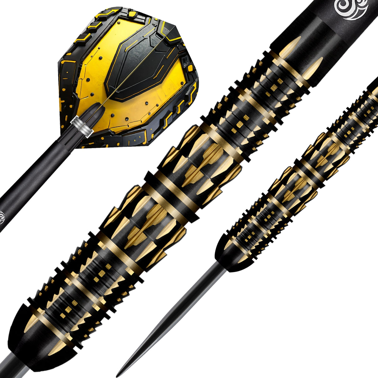 Macro view of 90% tungsten dart showcasing gold-black precision barrel grip and futuristic yellow-black flight, isolated for detail inspection