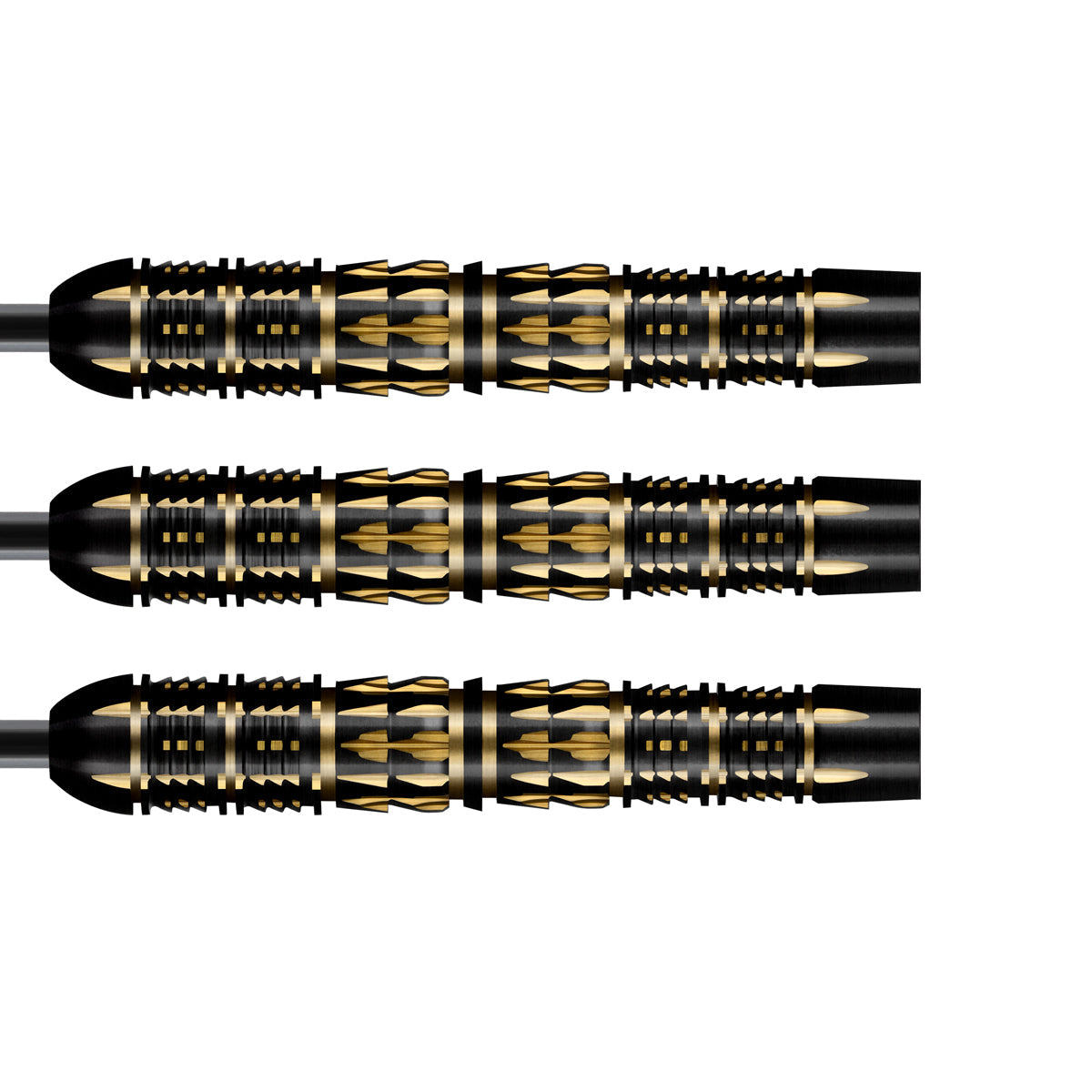 Set of three 90% tungsten darts side by side, black and gold barrels with precision grip detailing, isolated on white background