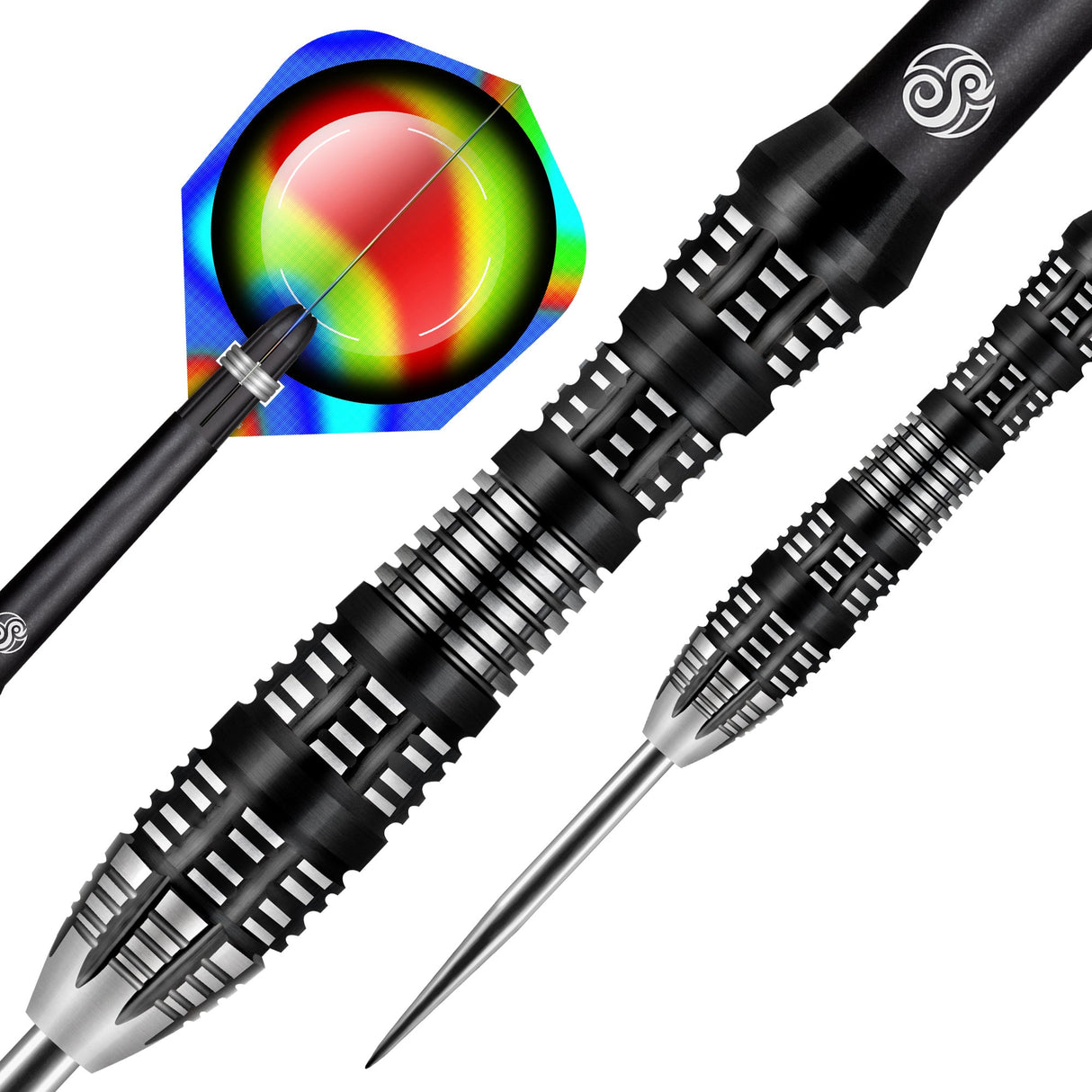 Angled close-up of 90% tungsten darts with precision grip barrel details and vibrant AI-inspired flights, isolated on white background