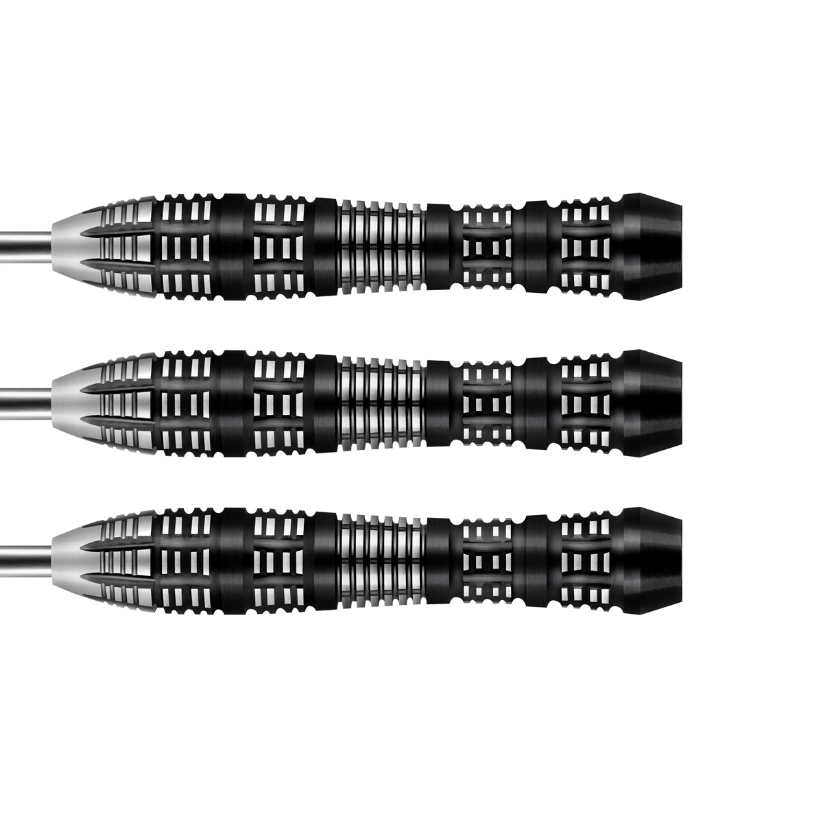 Three 90% tungsten darts aligned side by side on white background, showcasing detailed black and silver barrel grip texture.