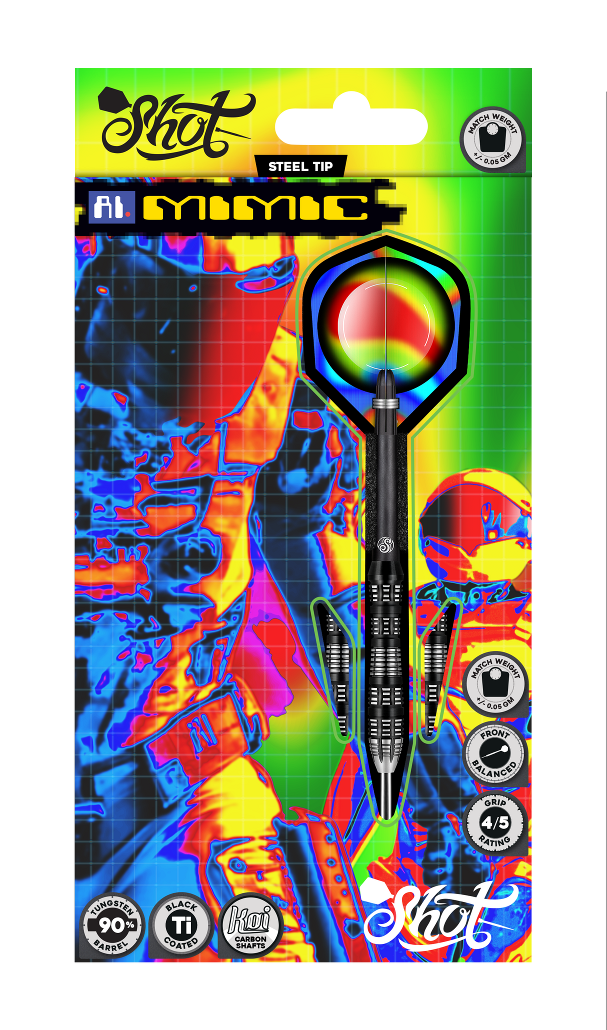 Steel tip 90% tungsten darts in retail packaging, full product view with black grip barrels, vibrant flights, and carbon shafts