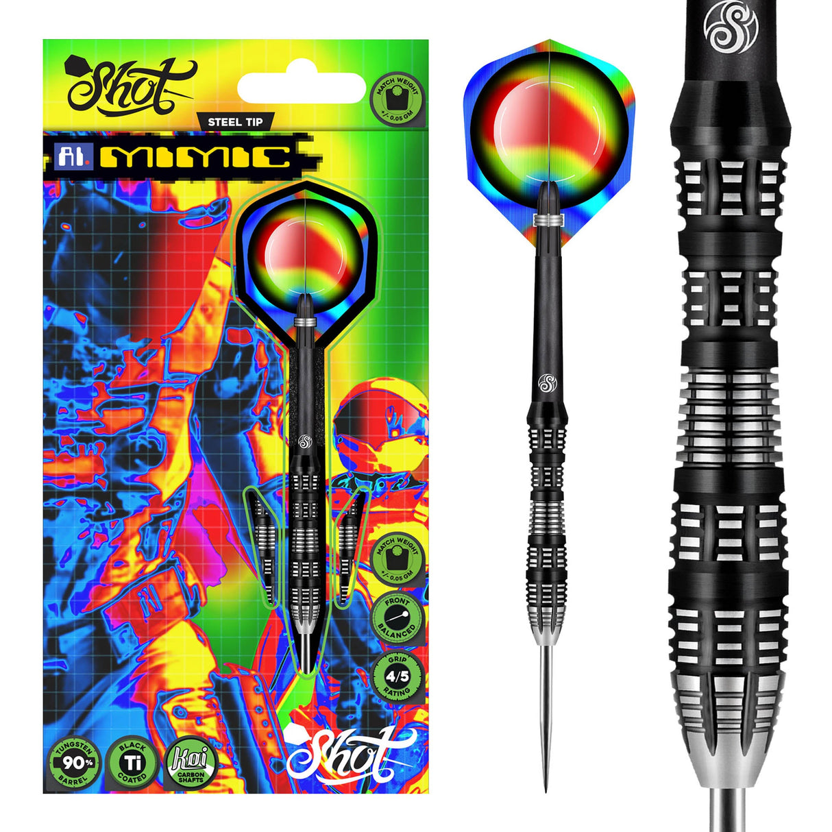 Steel tip tungsten dart in colorful retail packaging with close-up of black barrel grip and rainbow flight, ideal for dart players