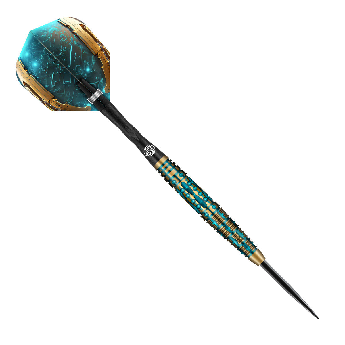 Tungsten dart full view on white background with teal and gold grip, precision barrel, and sci-fi style flight