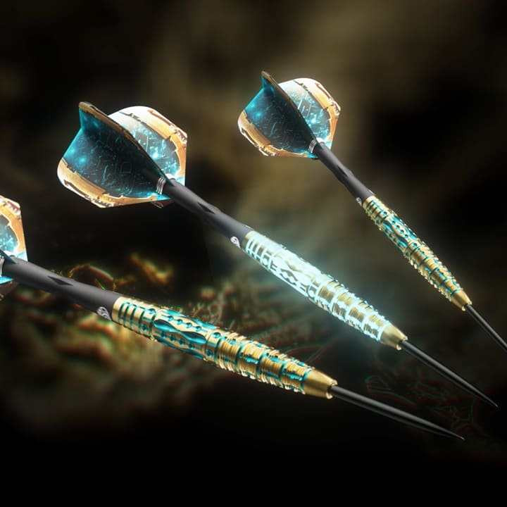 Angled shot of three 90% tungsten darts with textured gold and teal barrels, black points, and metallic flights on dark background