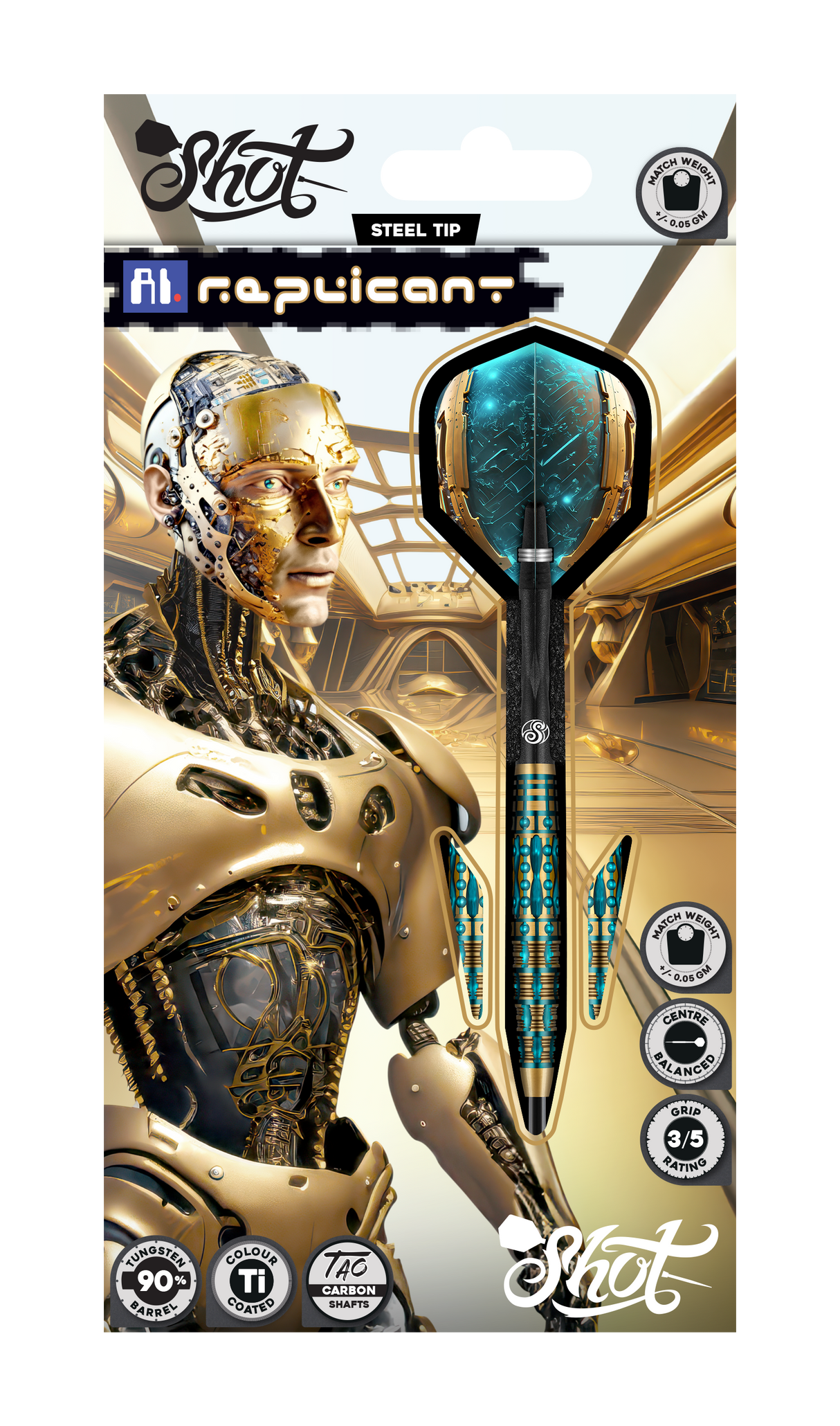 Steel tip tungsten darts in retail packaging, full view highlighting barrel grip texture, carbon shaft, and AI-themed flight design