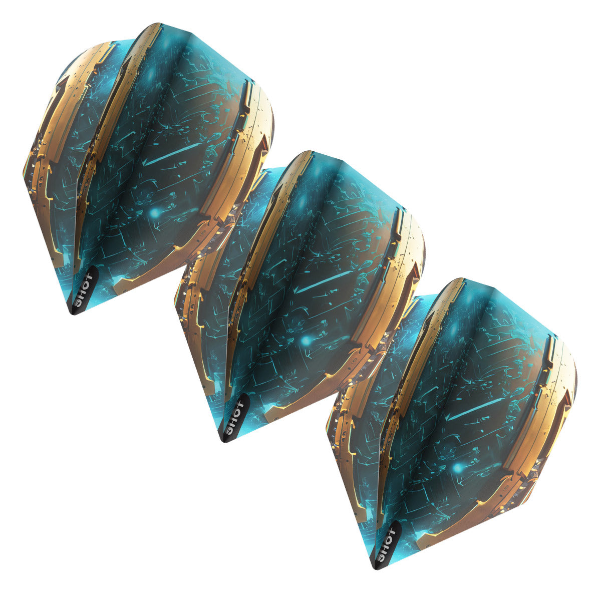 Set of three AI Replicant No.6 dart flights arranged on white background, highlighting metallic blue and gold cyber design