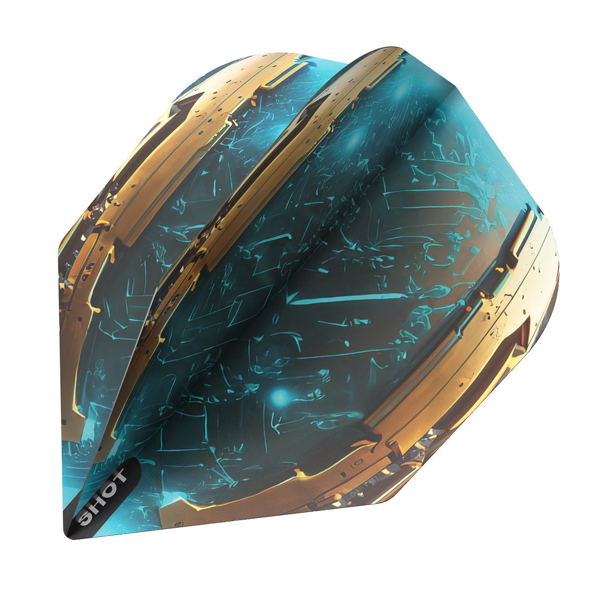 Angled close-up of dart flight with blue and gold AI-inspired circuit design, isolated on white background for dart accessories