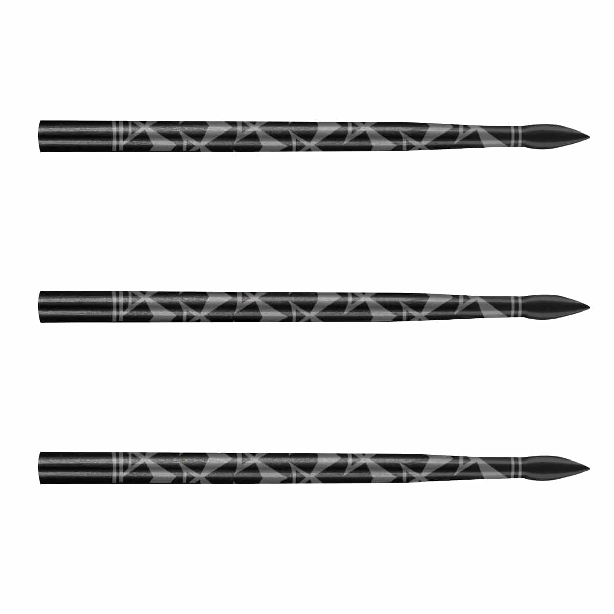 Three arrowhead steel tip dart points in horizontal row, full view on white background, showing rounded tip and detailed barrel engraving