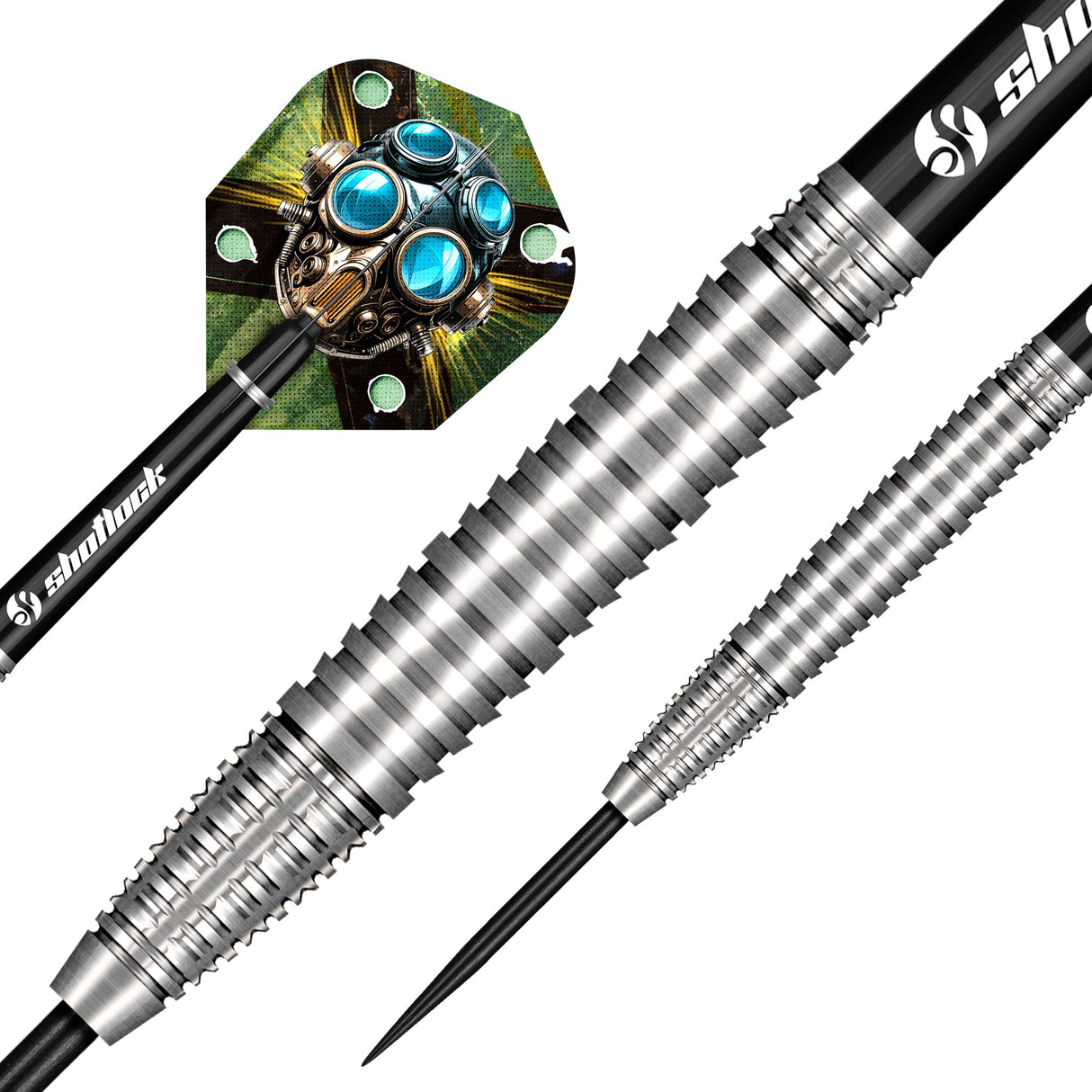 Macro close-up of tungsten dart barrel grip texture, sharp steel tip, and steampunk flight design on white background