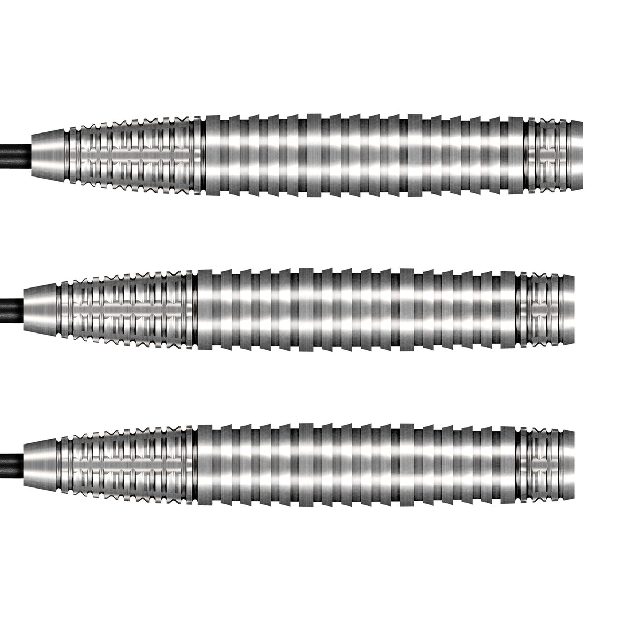 Three 90% tungsten dart barrels with deep ring grip and knurled texture, aligned horizontally on white background