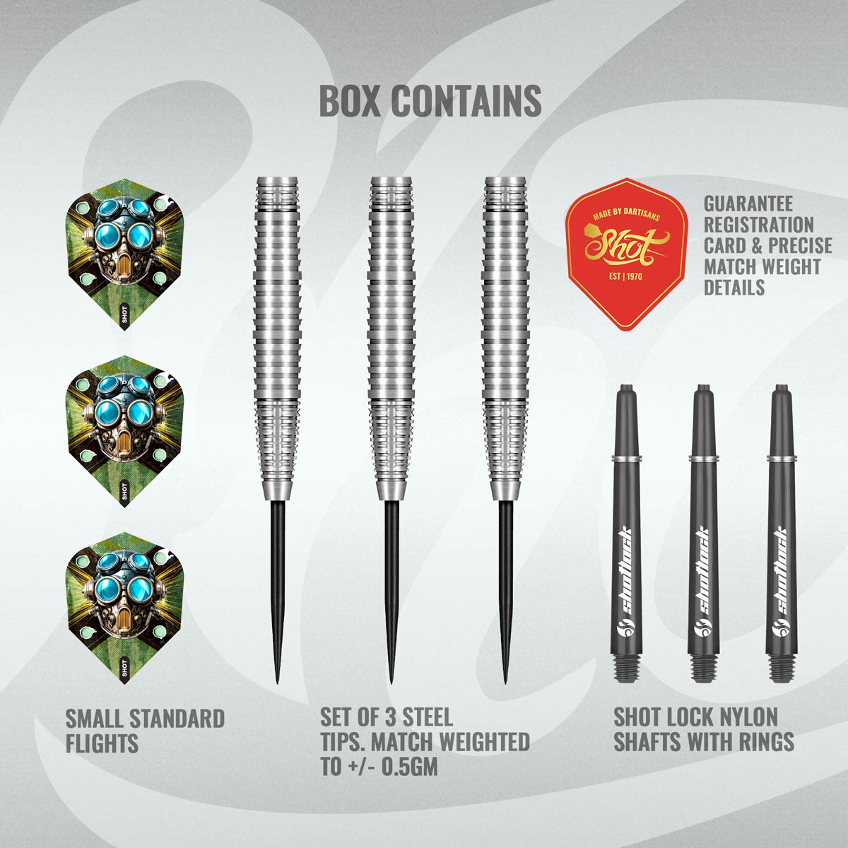 Top-down view of Badlands Krush dart kit with steel tip barrels, skull flights, nylon shafts, and guarantee card on white background