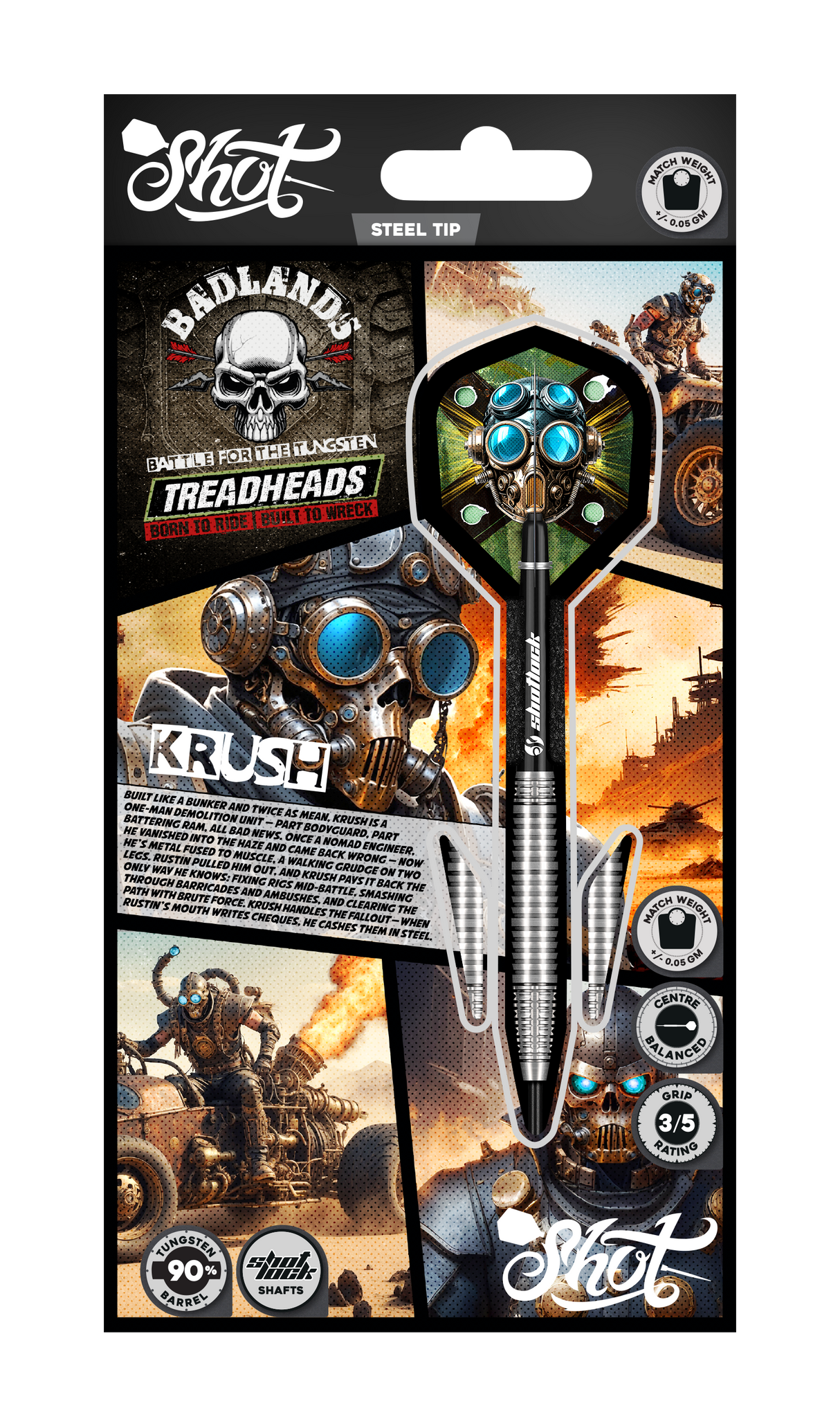 90% tungsten steel tip darts set in retail packaging with detailed grip barrel, graphic flights, and product features for dart players