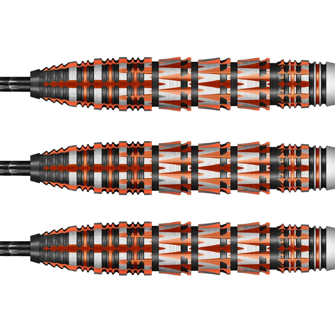 Three tungsten darts displayed side by side on white background showing detailed machined barrels with orange-black grip pattern